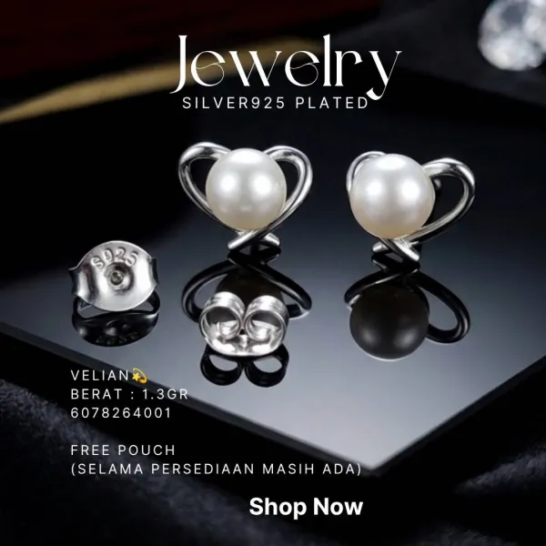 Anting perak 925 model Velian bentuk hati dengan mutiara putih