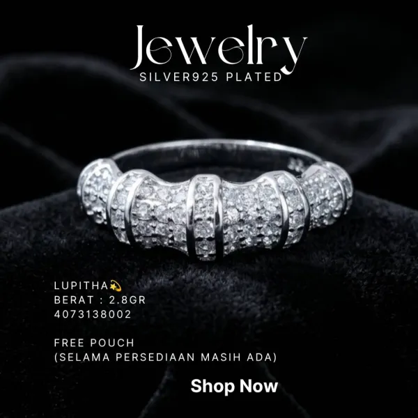 Cincin perak 925 model Lupitha bertabur zirkonia dengan ruas melengkung