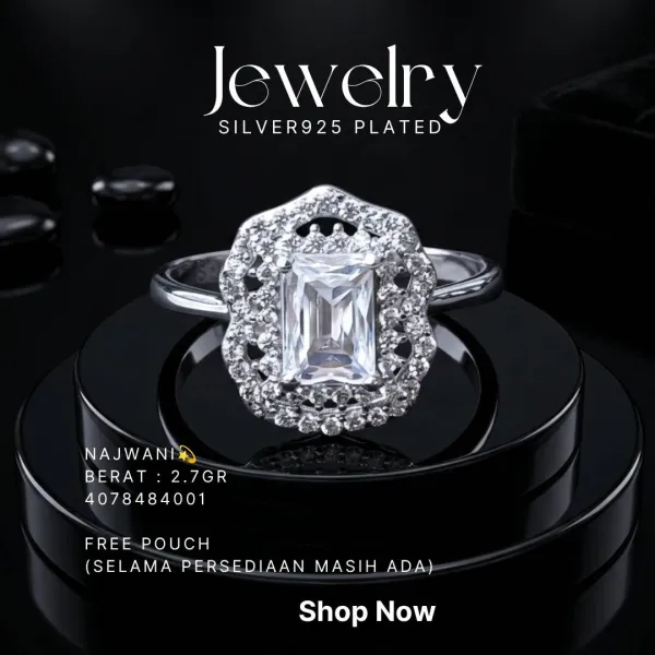 Cincin perak 925 model Najwani dengan zirkonia persegi panjang dan hiasan zirkonia