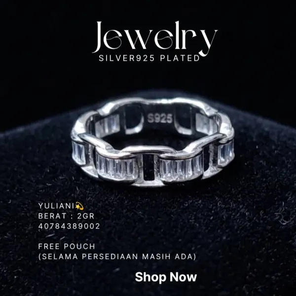 Cincin perak 925 model Yuliani dengan zirkonia baguette berbentuk rantai
