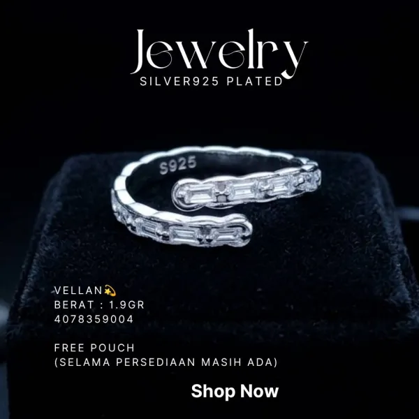Cincin perak 925 model Vellan terbuka dengan zirkonia baguette