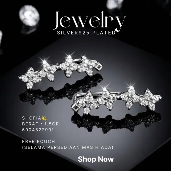 Anting slip perak 925 model Shofia dengan rangkaian bintang zirkonia