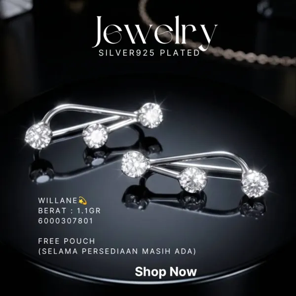 Anting slip perak 925 model Willane dengan tiga zirkonia bulat