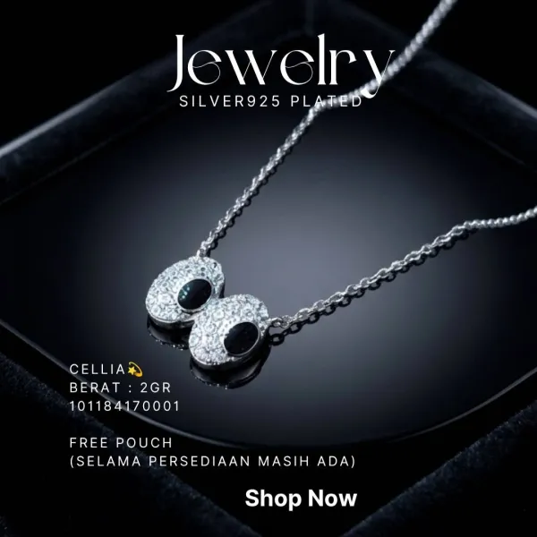Kalung perak 925 model Cellia liontin dua oval hitam bertabur zirkonia