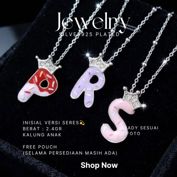 Kalung anak perak 925 inisial huruf P, R, S warna-warni dengan mahkota zirkonia
