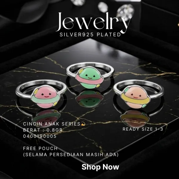 Tiga cincin anak perak 925 dengan karakter planet tersenyum warna-warni