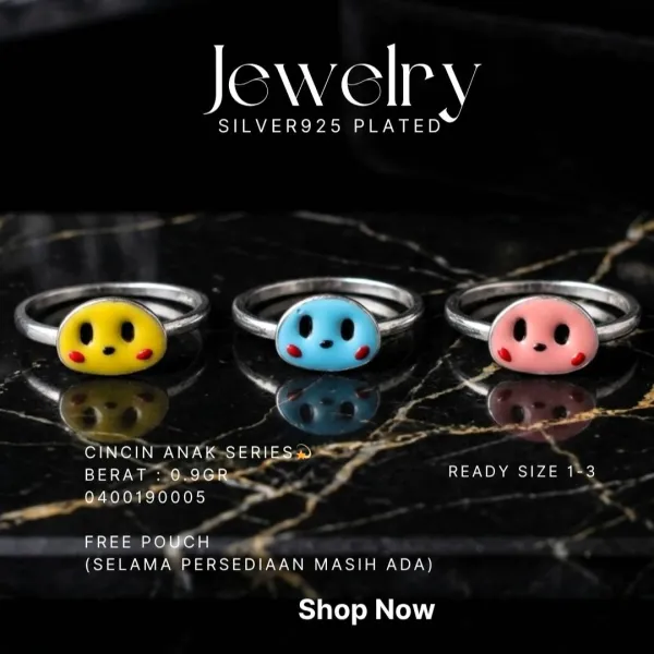 Tiga cincin anak perak 925 dengan wajah lucu warna kuning, biru, dan merah muda