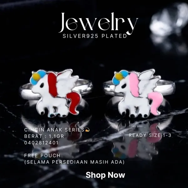 Dua cincin anak perak 925 dengan karakter unicorn bersayap