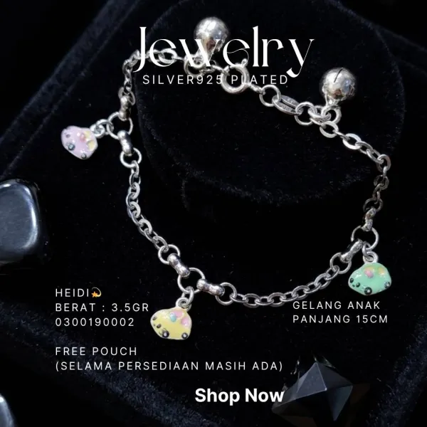 Gelang rantai anak perak 925 model Heidi dengan charm lucu dan lonceng
