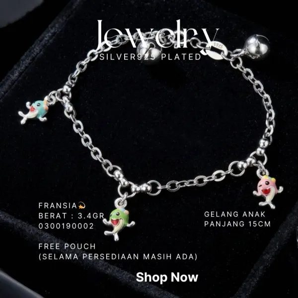 Gelang rantai anak perak 925 model Fransia dengan charm ikan warna-warni dan lonceng