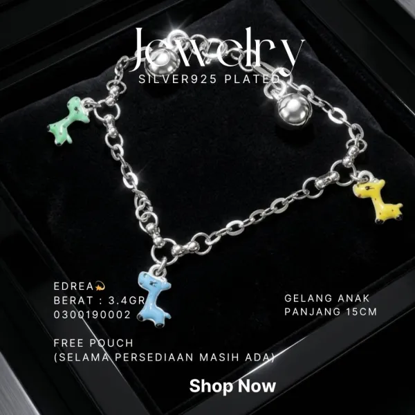 Gelang rantai anak perak 925 model Edrea dengan charm jerapah dan lonceng