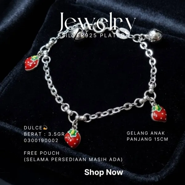 Gelang rantai anak perak 925 model Dulce dengan charm stroberi merah dan lonceng
