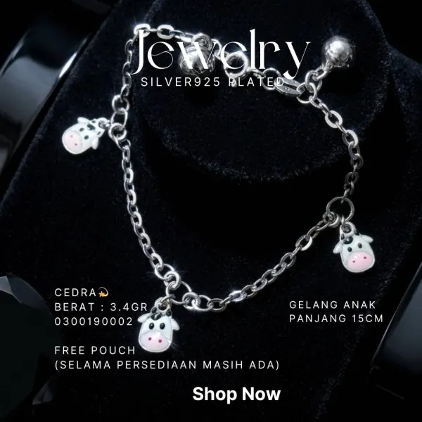 Gelang rantai anak perak 925 model Cedra dengan charm sapi dan lonceng