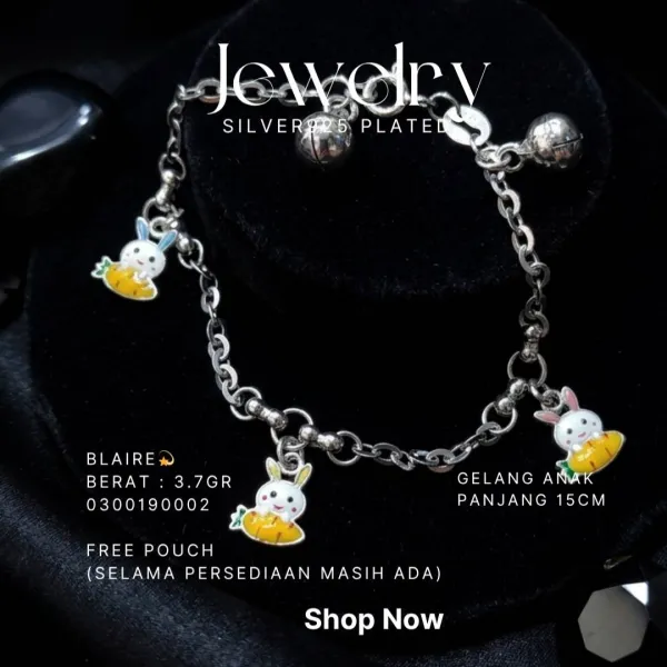 Gelang rantai anak perak 925 model Blaire dengan charm kelinci dan wortel