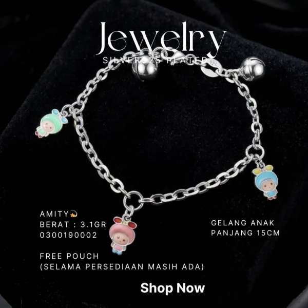 Gelang rantai anak perak 925 model Amity dengan charm boneka warna-warni dan lonceng