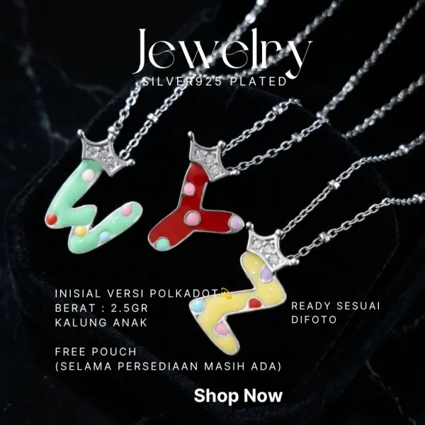 Kalung anak perak 925 inisial huruf W, Y, Z motif polkadot dengan mahkota zirkonia