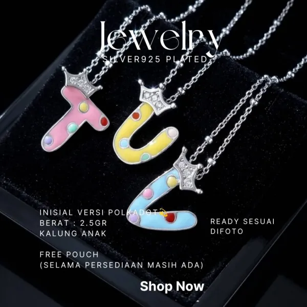 Kalung anak perak 925 inisial huruf T, U, V motif polkadot dengan mahkota zirkonia