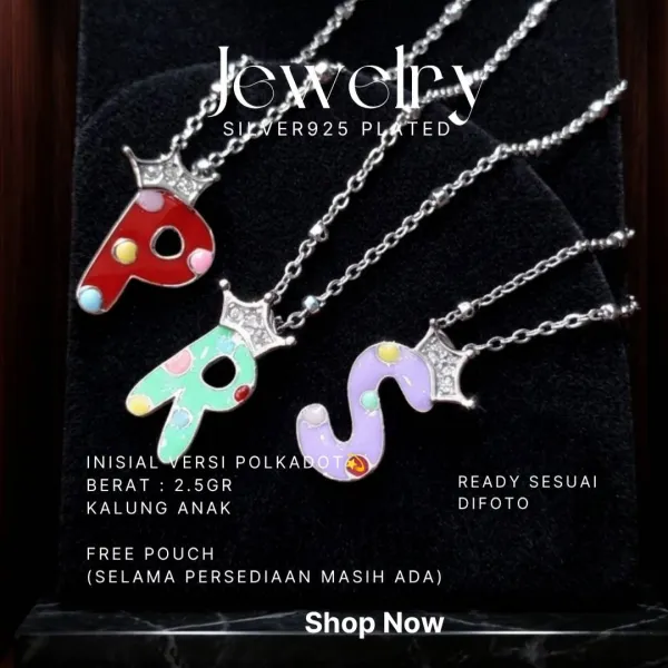 Kalung anak perak 925 inisial huruf P, R, S motif polkadot dengan mahkota zirkonia