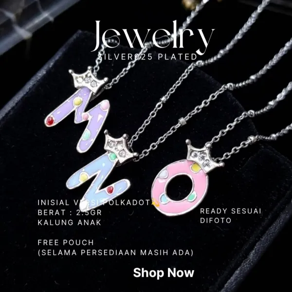 Kalung anak perak 925 inisial huruf M, N, O motif polkadot dengan mahkota zirkonia