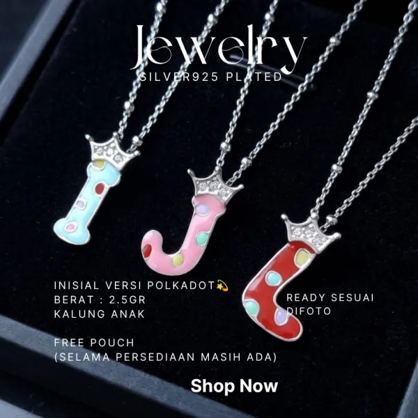 Kalung anak perak 925 inisial huruf I, J, L motif polkadot dengan mahkota zirkonia