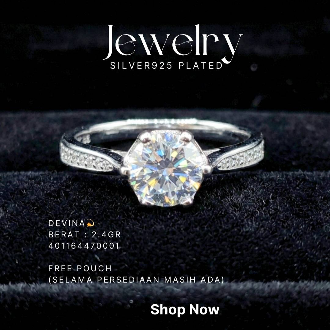 Cincin perak 925 model Devina dengan zirkonia bulat besar di atas latar hitam
