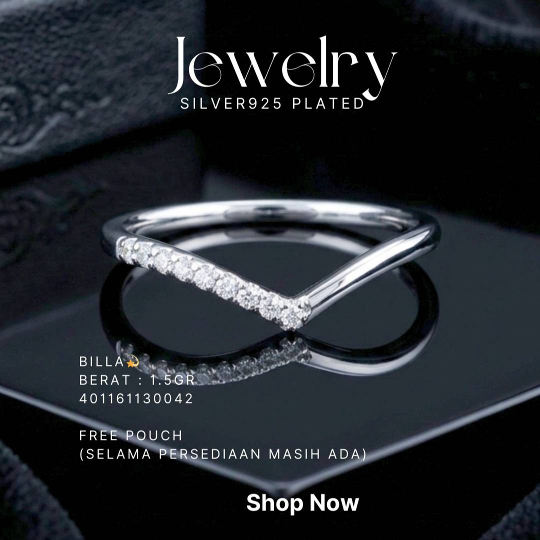 Cincin perak 925 model Billa model V dengan zirkonia kecil di atas latar hitam