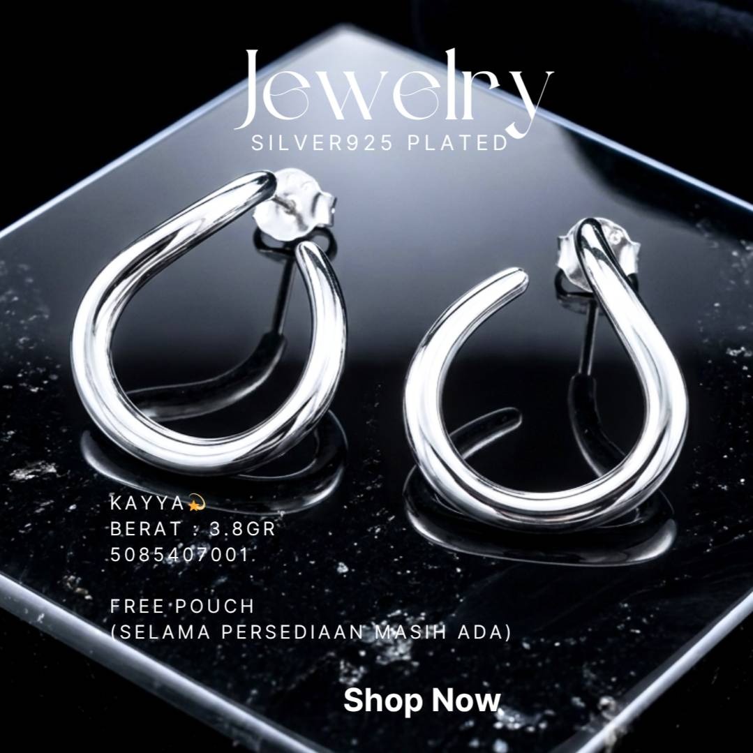Anting perak 925 model Kayya tusuk model melengkung di atas latar hitam