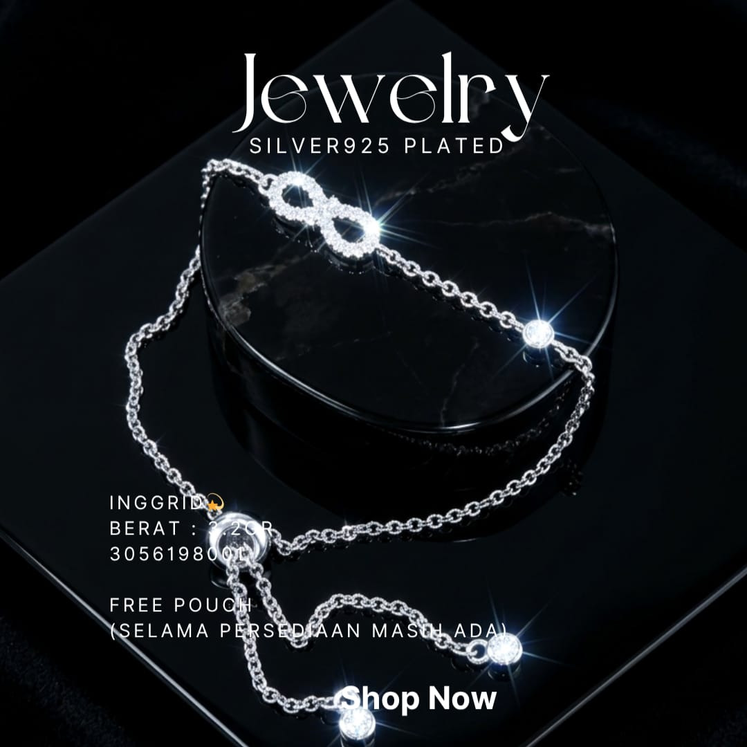 Gelang perak 925 model Inggrid serut dengan liontin infinity zirkonia di atas latar hitam