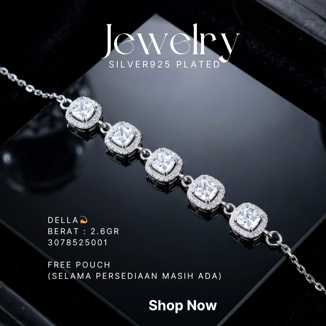 Gelang perak 925 model Della dengan zirkonia persegi di atas latar hitam