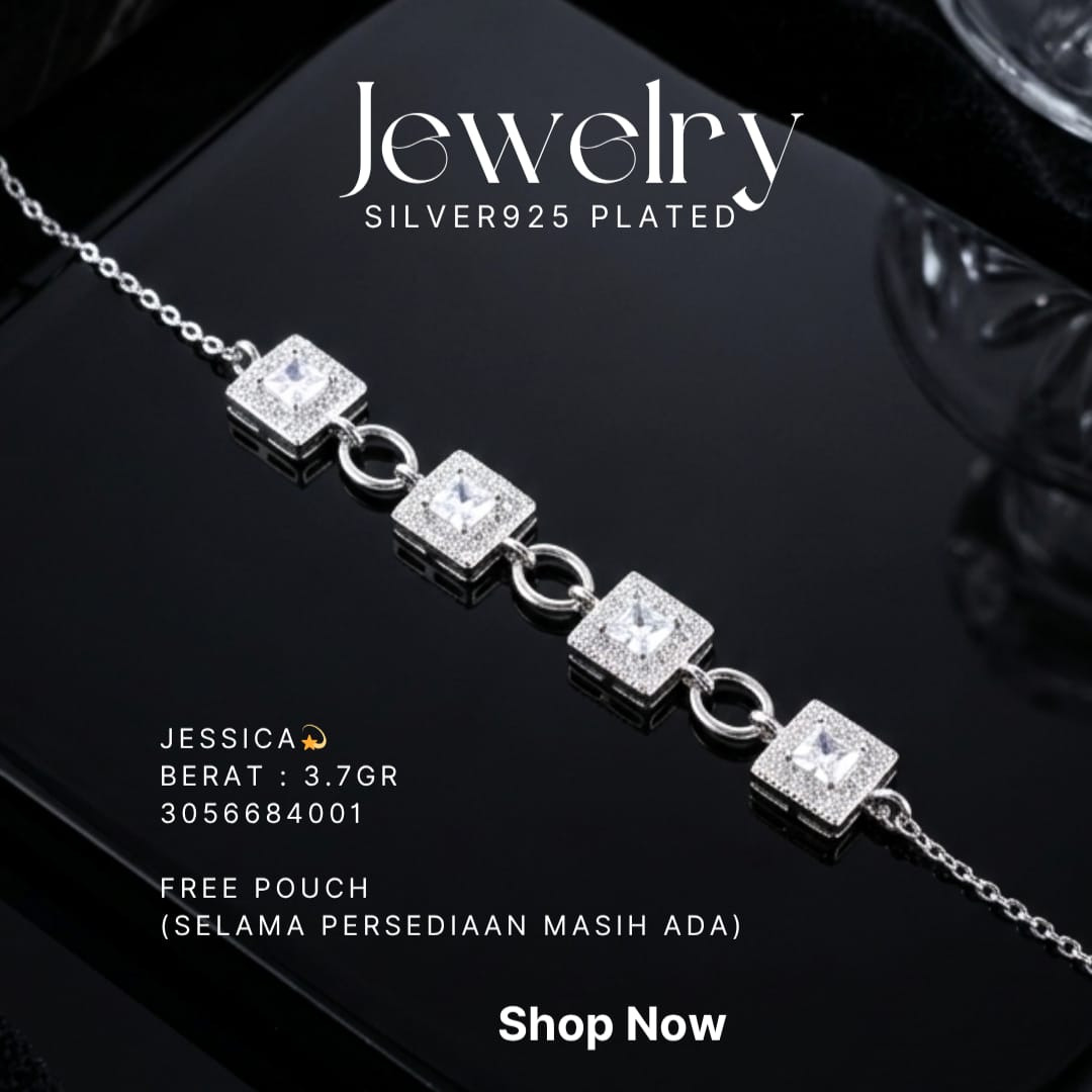 Gelang perak 925 model Jessica dengan zirkonia persegi di atas latar hitam