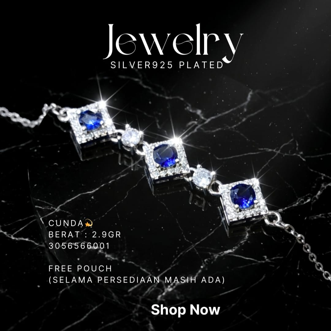 Gelang perak 925 model Cunda dengan batu biru dan zirkonia di atas latar hitam