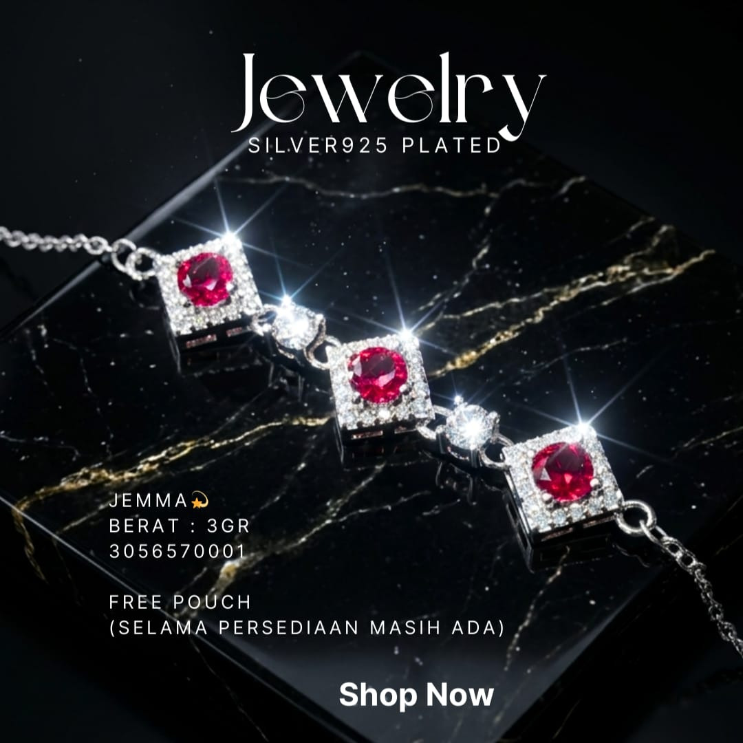 Gelang perak 925 model Jemma dengan batu merah dan zirkonia di atas latar hitam