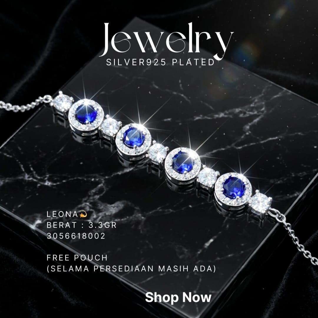 Gelang perak 925 model Leona dengan batu biru dan zirkonia di atas latar hitam