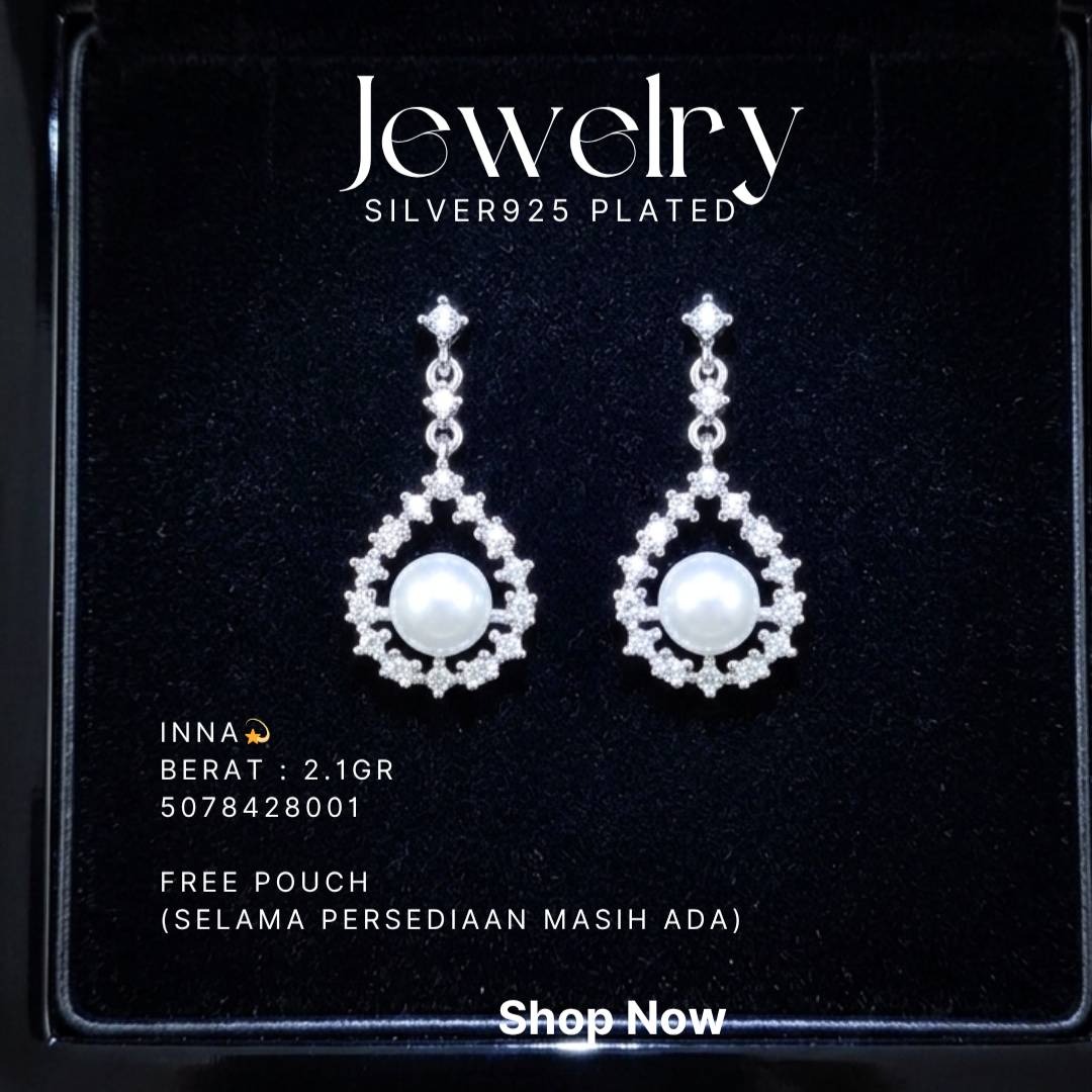 Anting perak 925 model Inna gantung dengan mutiara dan zirkonia di atas latar hitam