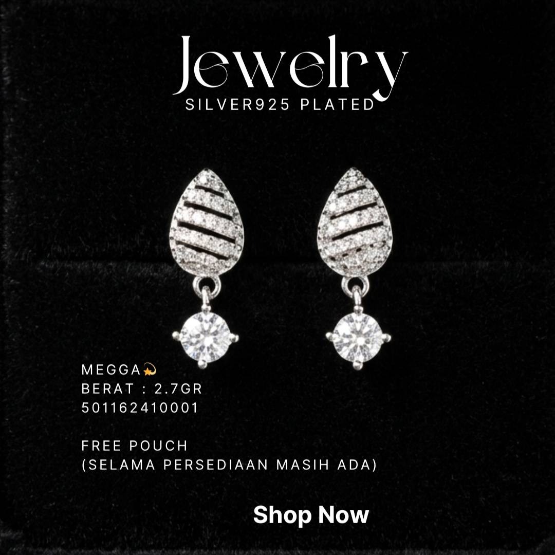 Anting perak 925 model Megga gantung dengan zirkonia bulat di atas latar hitam