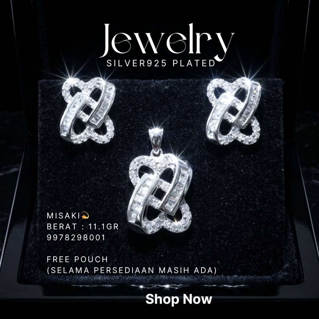 Set perhiasan perak 925 model Misaki berisi anting dan liontin zirkonia di atas latar hitam