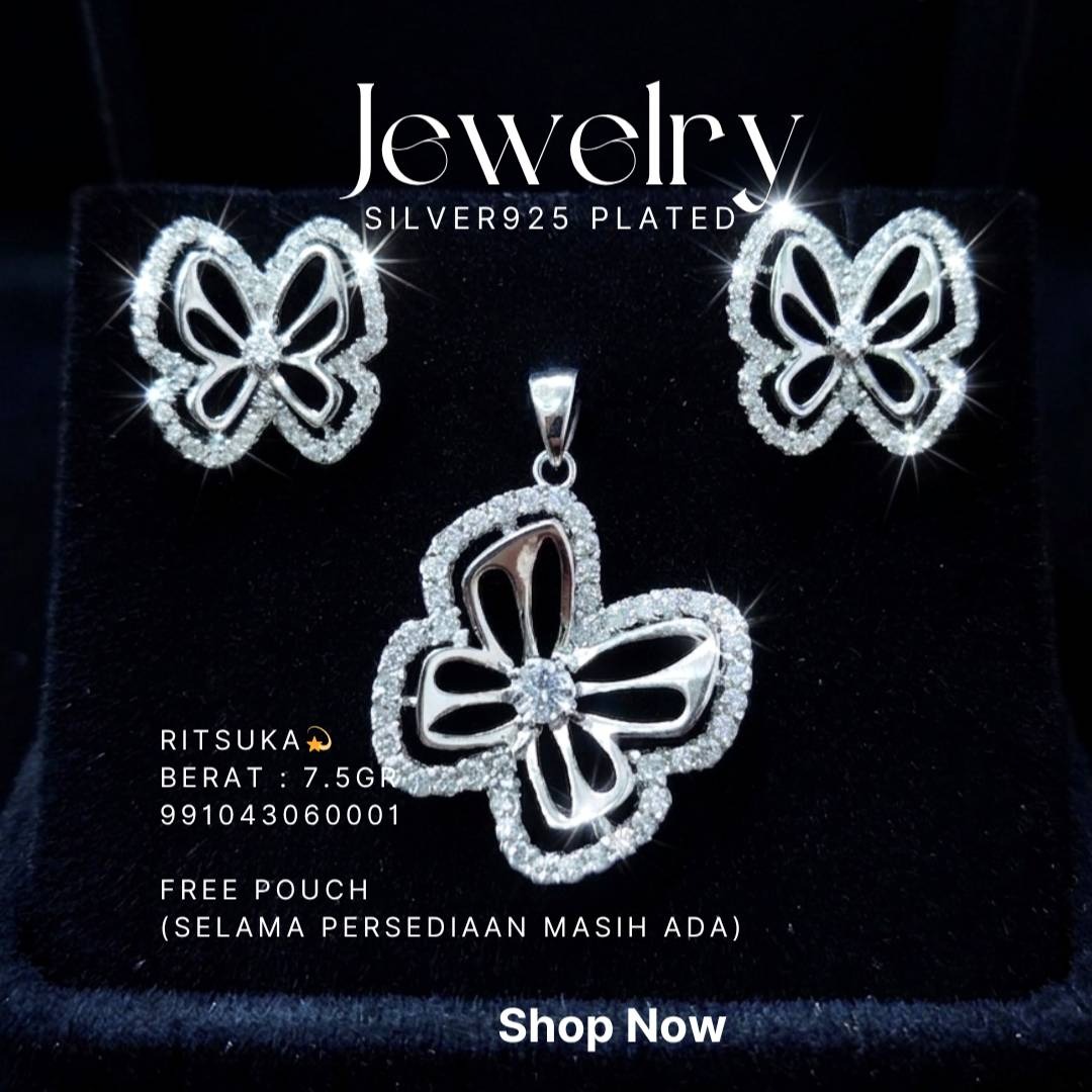 Set perhiasan perak 925 model Ritsuka berisi anting dan liontin kupu-kupu zirkonia