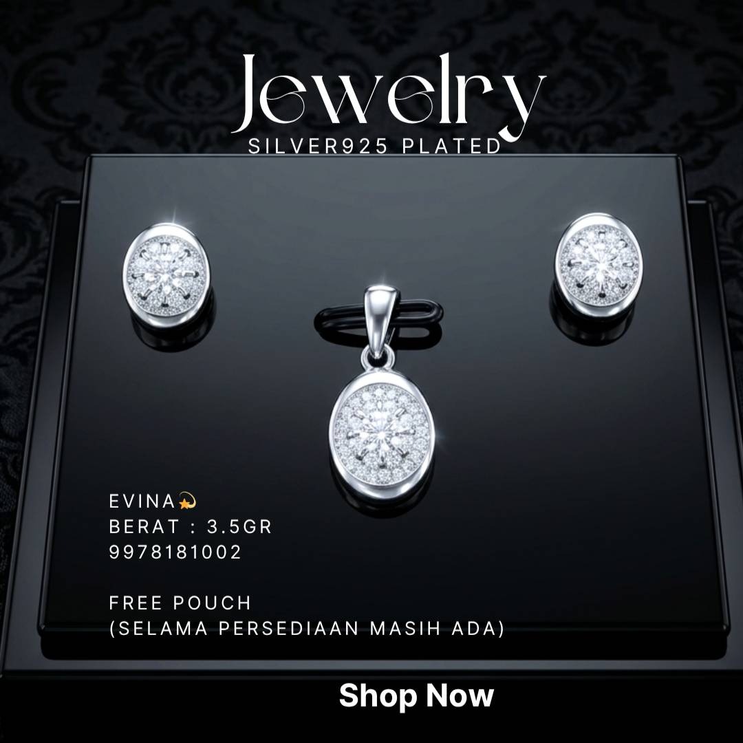 Set perhiasan perak 925 model Evina berisi anting dan liontin oval zirkonia di atas latar hitam