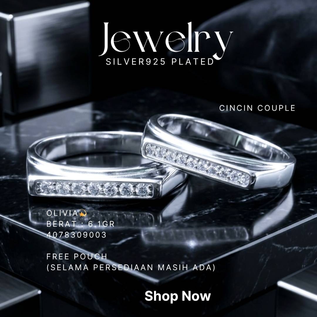 Cincin perak 925 model Olivia pasangan couple dengan deretan zirkonia di atas latar hitam
