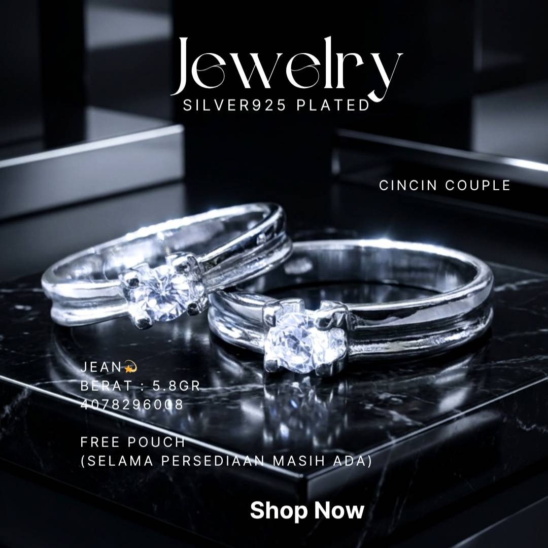 Cincin perak 925 model Jean pasangan couple dengan zirkonia solitaire di atas latar hitam