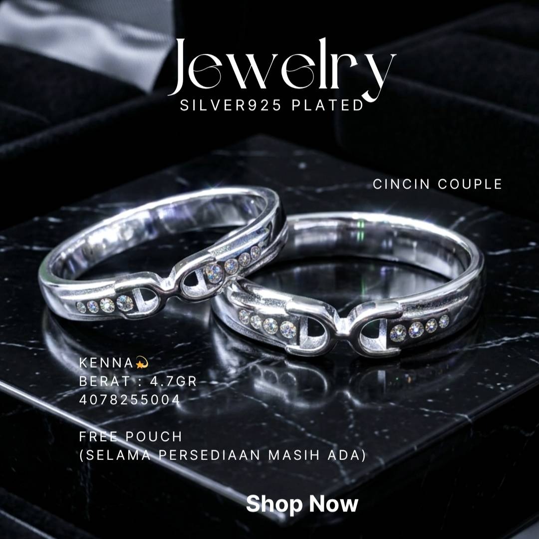Cincin perak 925 model Kenna pasangan couple dengan zirkonia di atas latar hitam