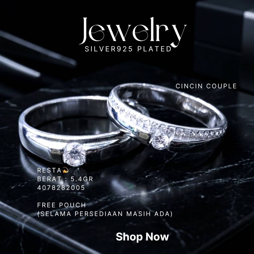 Cincin Couple perak 925 model Resta dengan zirkonia bulat di atas latar hitam