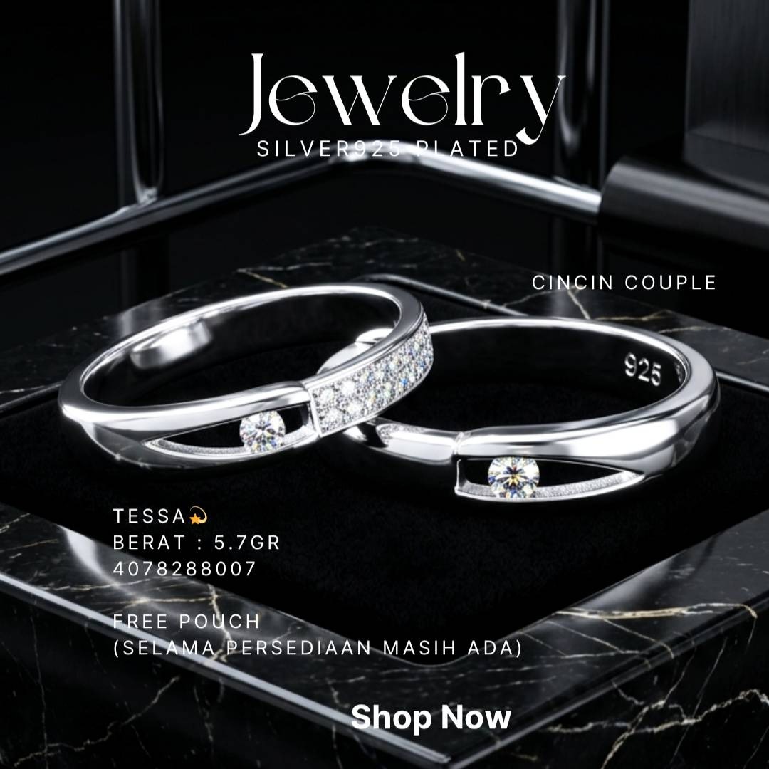 Cincin Couple perak 925 model Tessa dengan zirkonia dan taburan permata di atas latar hitam