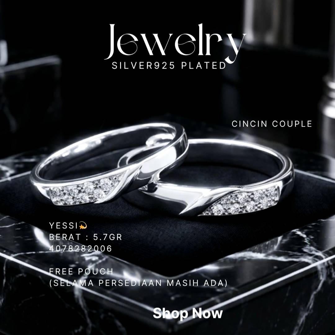 Cincin Couple perak 925 model Yessi dengan taburan zirkonia di atas latar hitam