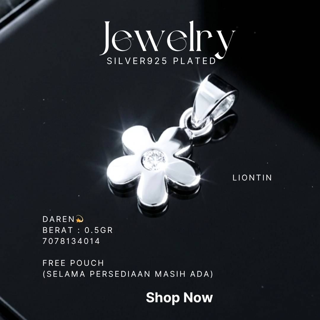 Liontin perak 925 model Daren bentuk bunga polos dengan satu zirkonia di atas latar hitam
