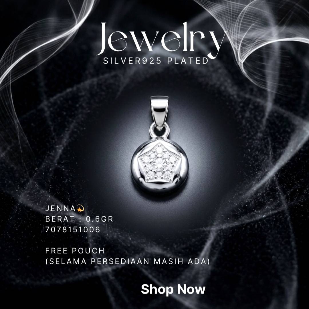 Liontin perak 925 model Jenna bulat dengan zirkonia bentuk pentagon di atas latar hitam