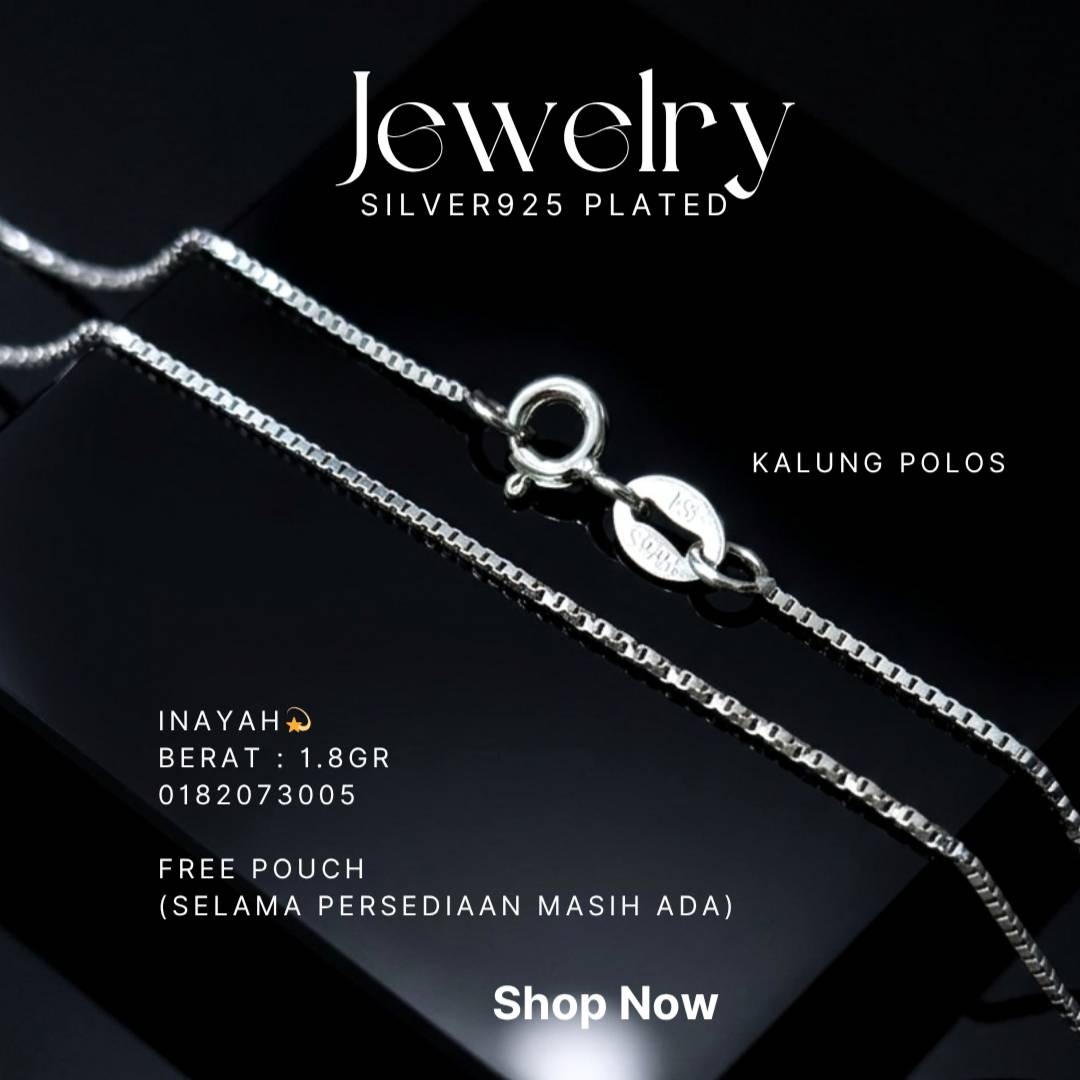 Kalung perak 925 model Inayah rantai box polos di atas latar hitam