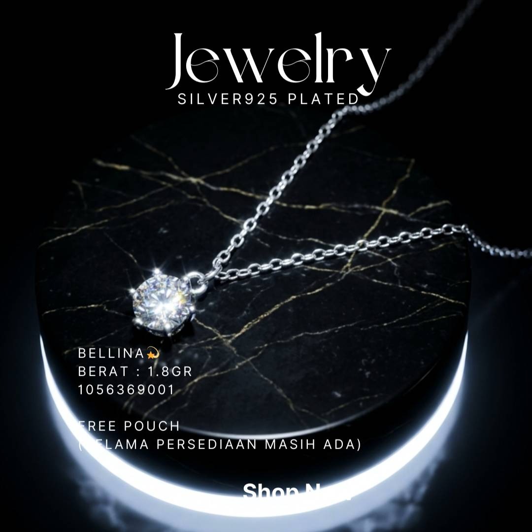 Kalung perak 925 model Bellina dengan zirkonia solitaire bulat di atas latar hitam