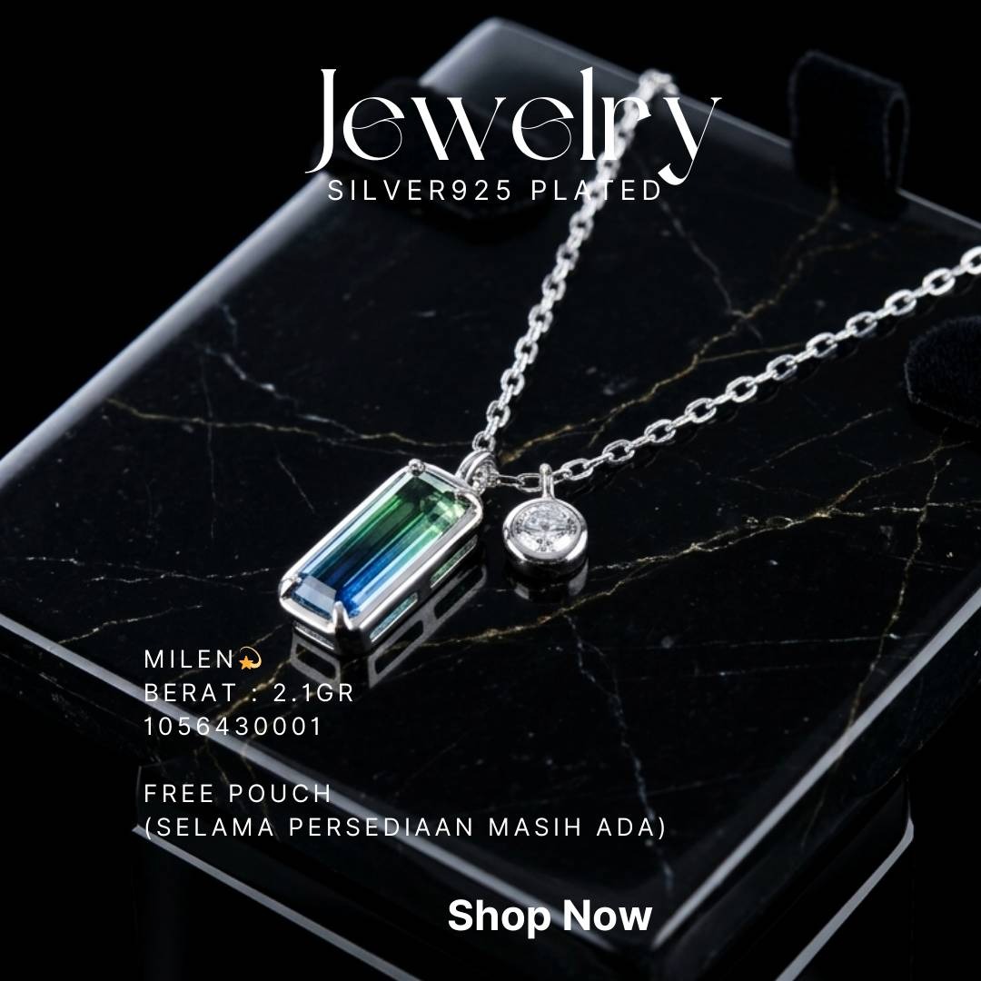 Kalung perak 925 model Milen dengan batu warna hijau biru dan zirkonia di atas latar hitam