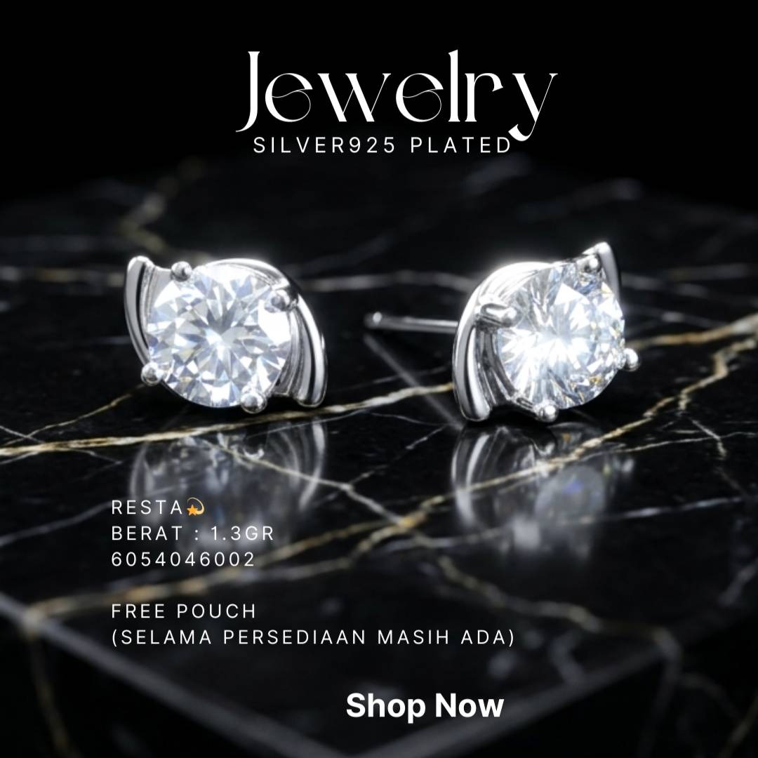 Anting perak 925 model Resta model stud dengan zirkonia bulat di atas latar hitam